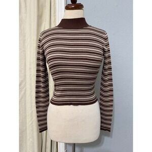 The Slope Brown Striped‎ Ribbed Mock Neck Long Sleeve Top Womens Size Medium Y2K